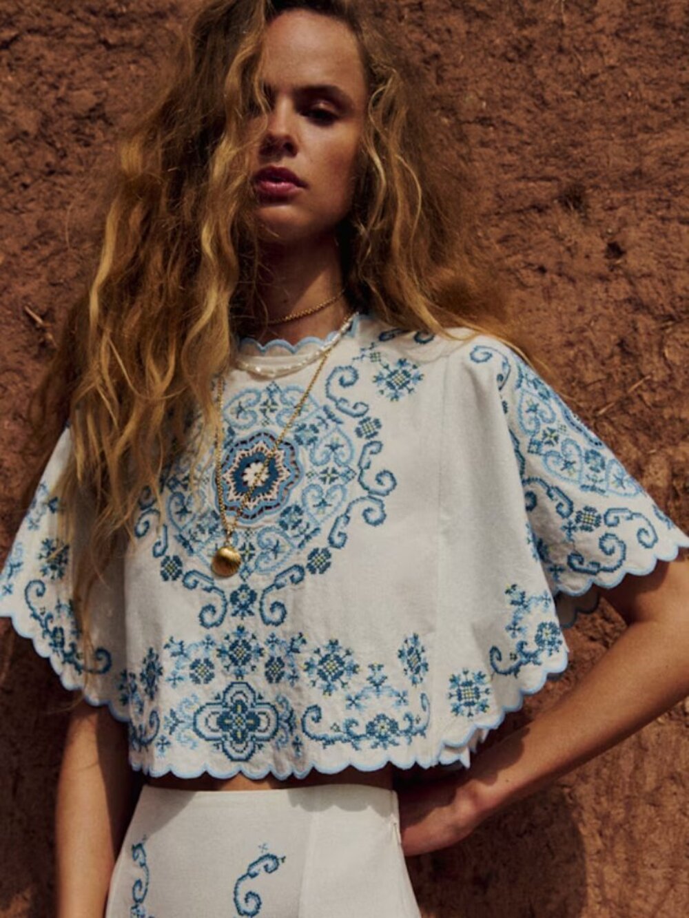 Sezane Anneclaire Blouse Ecru with Contrasting Blue Embroidery US2 EU34 - Picture 2 of 9